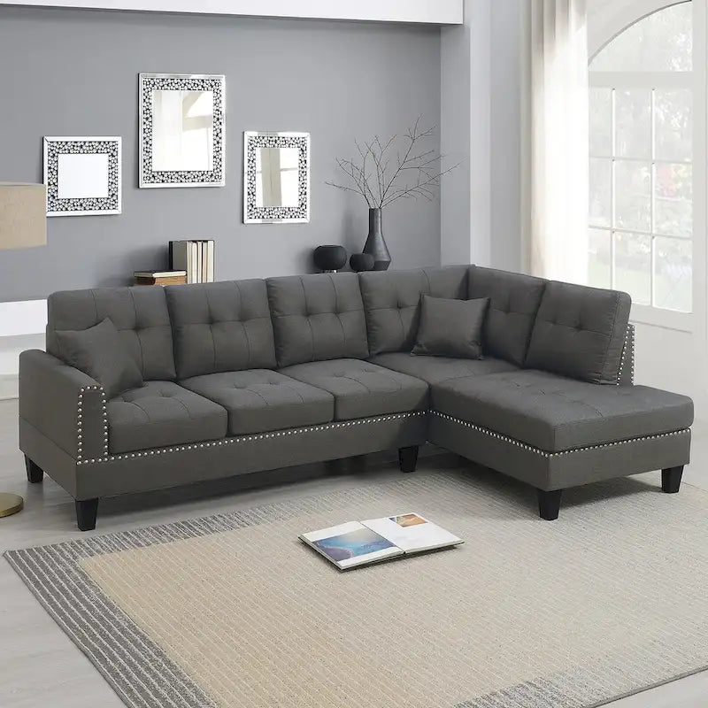 2 Piece Linen-like Fabric Sectional Sofa Set with 2 Accent Pillows