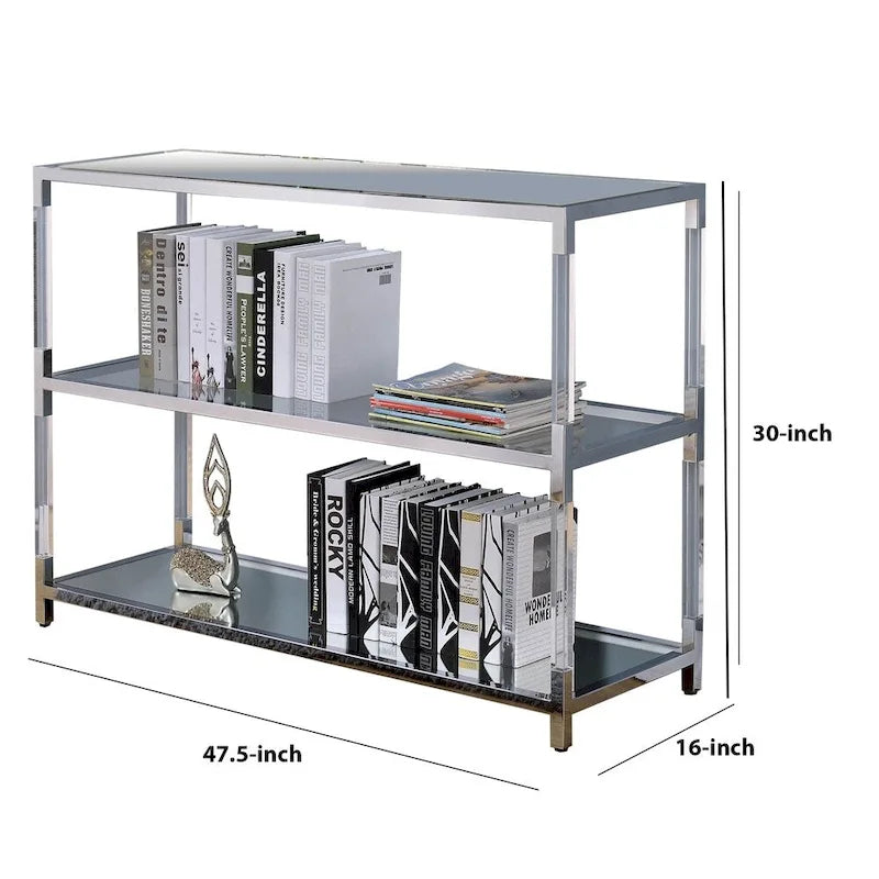 Metal and Glass Sofa Table with 2 Open Shelves, Silver and Clear