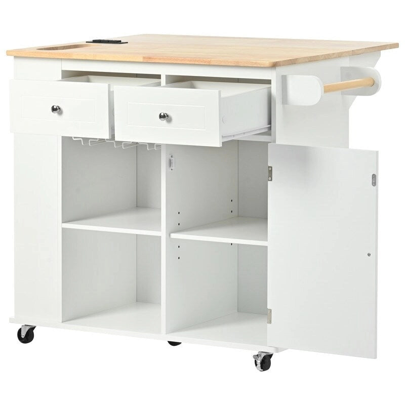 Drop Leaf Rubber Wood Kitchen Island with Power Outlet,Wine Rack