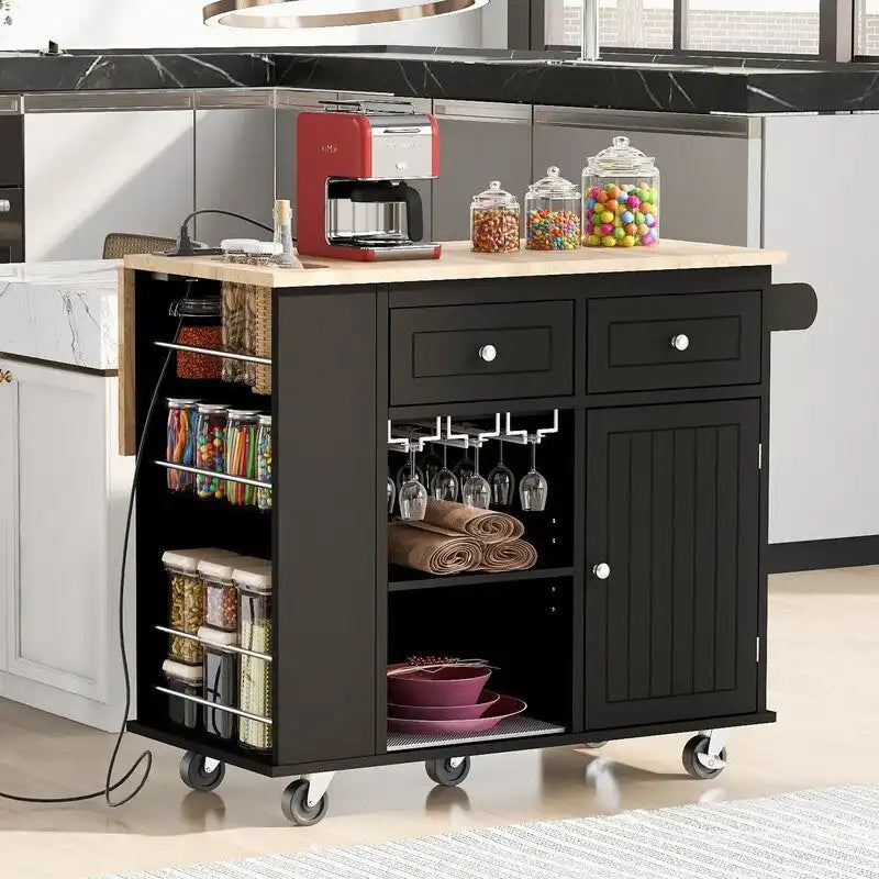 Drop Leaf Rubber Wood Kitchen Island with Power Outlet,Wine Rack