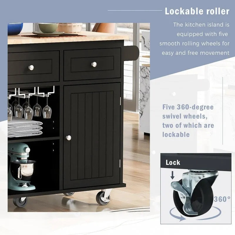 Drop Leaf Rubber Wood Kitchen Island with Power Outlet,Wine Rack