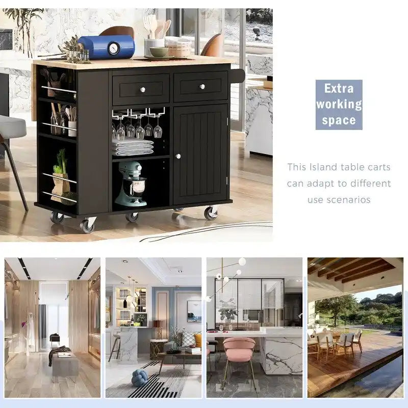 Drop Leaf Rubber Wood Kitchen Island with Power Outlet,Wine Rack