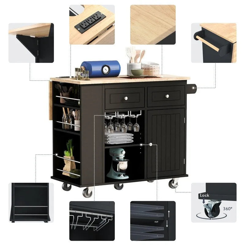 Drop Leaf Rubber Wood Kitchen Island with Power Outlet,Wine Rack
