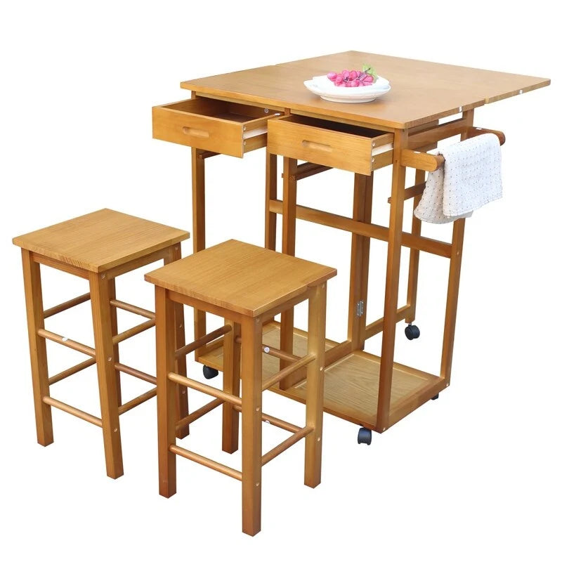 Square Solid Wood Folding Dining Kitchen Cart with 2 Free Stools Brown