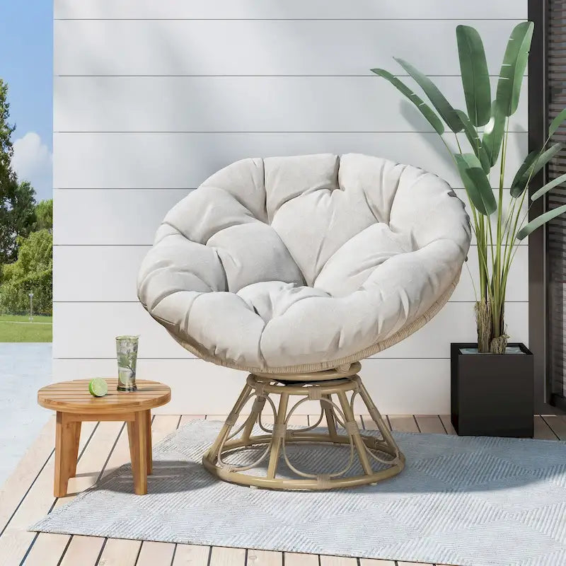 Brown Wicker Swivel Papasan Chair with Tufted Fabric Cushion