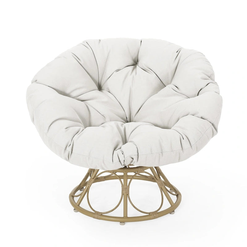 Brown Wicker Swivel Papasan Chair with Tufted Fabric Cushion