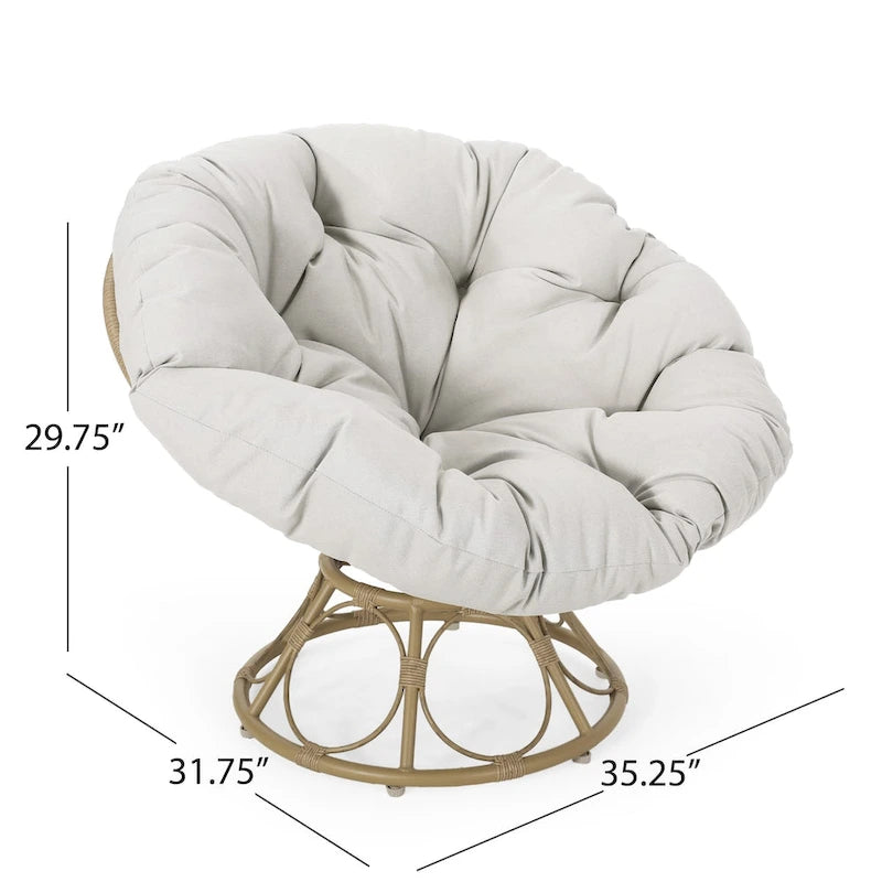 Brown Wicker Swivel Papasan Chair with Tufted Fabric Cushion
