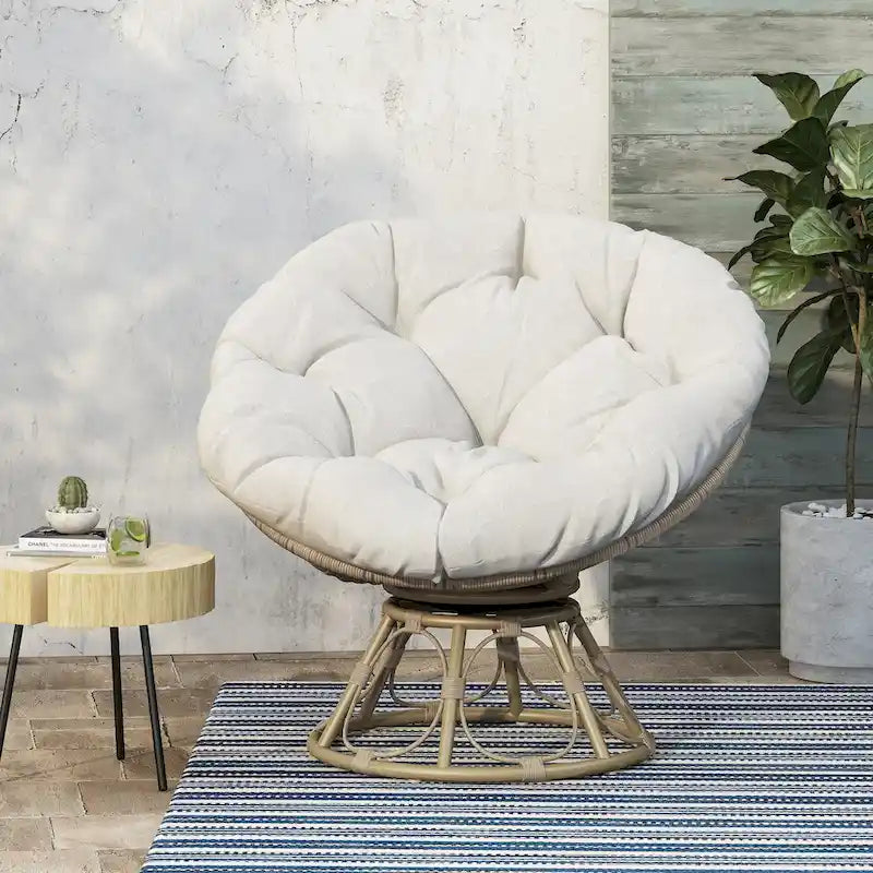 Brown Wicker Swivel Papasan Chair with Tufted Fabric Cushion