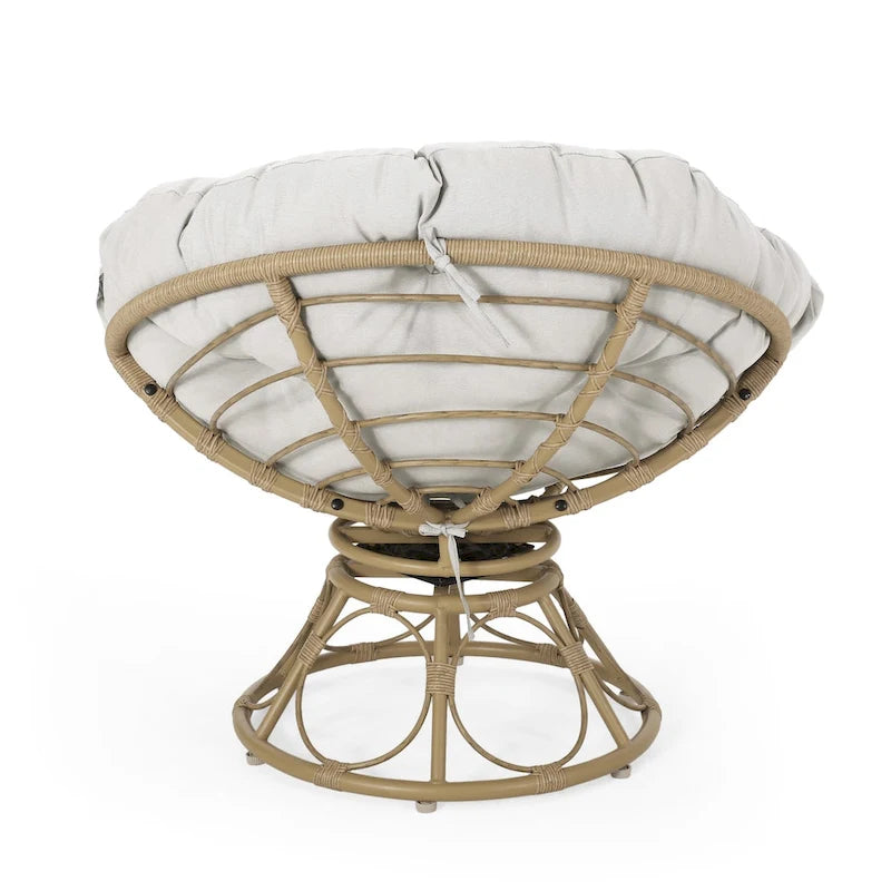 Brown Wicker Swivel Papasan Chair with Tufted Fabric Cushion