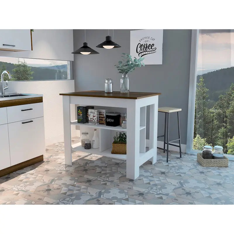 Rockaway 3-Shelf Kitchen Island White and Walnut