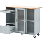 Kitchen Island Cart with Drop-Leaf Surface, LED Lighting, Fluted Glass Doors, Adjustable Shelf, and Two Drawers