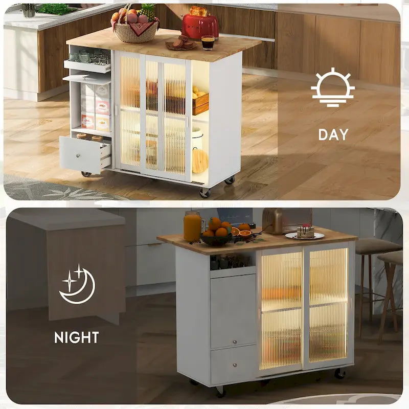 Kitchen Island Cart with Drop-Leaf Surface, LED Lighting, Fluted Glass Doors, Adjustable Shelf, and Two Drawers