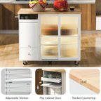 Kitchen Island Cart with Drop-Leaf Surface, LED Lighting, Fluted Glass Doors, Adjustable Shelf, and Two Drawers