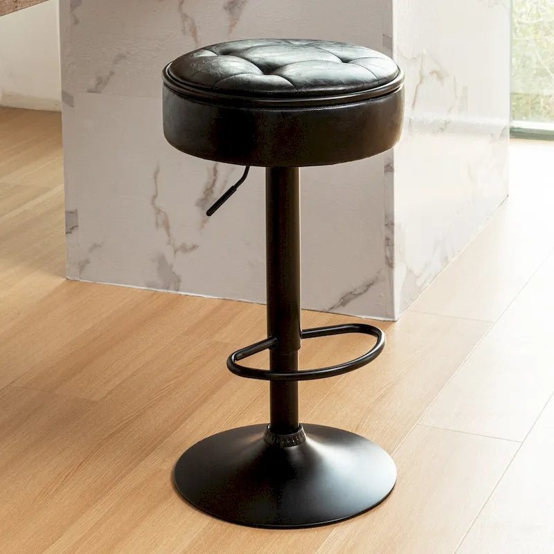 Round Storage Bar Stool Set of 2, Faux Leather Height Adjustable Barstool, 360Counter Height Swivel Stool, Armless Bar Chair