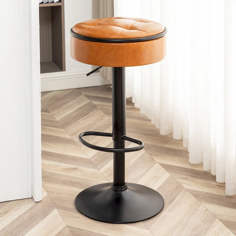 Round Storage Bar Stool Set of 2, Faux Leather Height Adjustable Barstool, 360Counter Height Swivel Stool, Armless Bar Chair