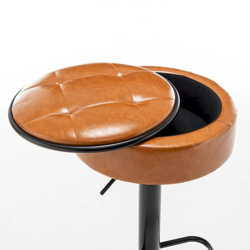 Round Storage Bar Stool Set of 2, Faux Leather Height Adjustable Barstool, 360Counter Height Swivel Stool, Armless Bar Chair