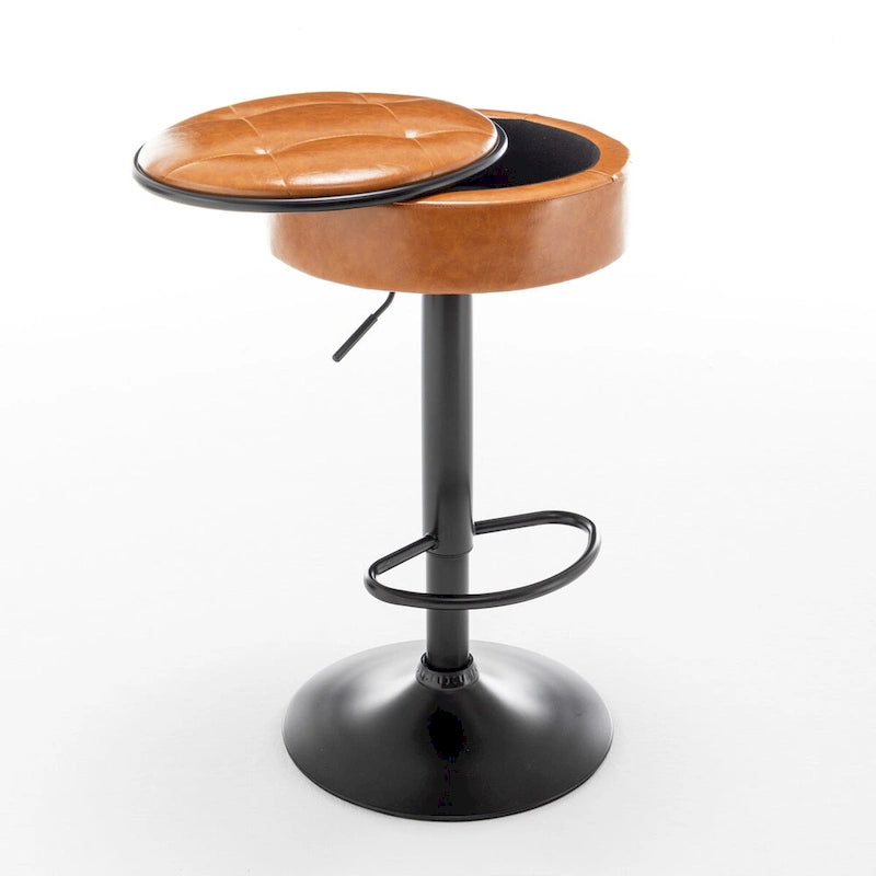 Round Storage Bar Stool Set of 2, Faux Leather Height Adjustable Barstool, 360Counter Height Swivel Stool, Armless Bar Chair