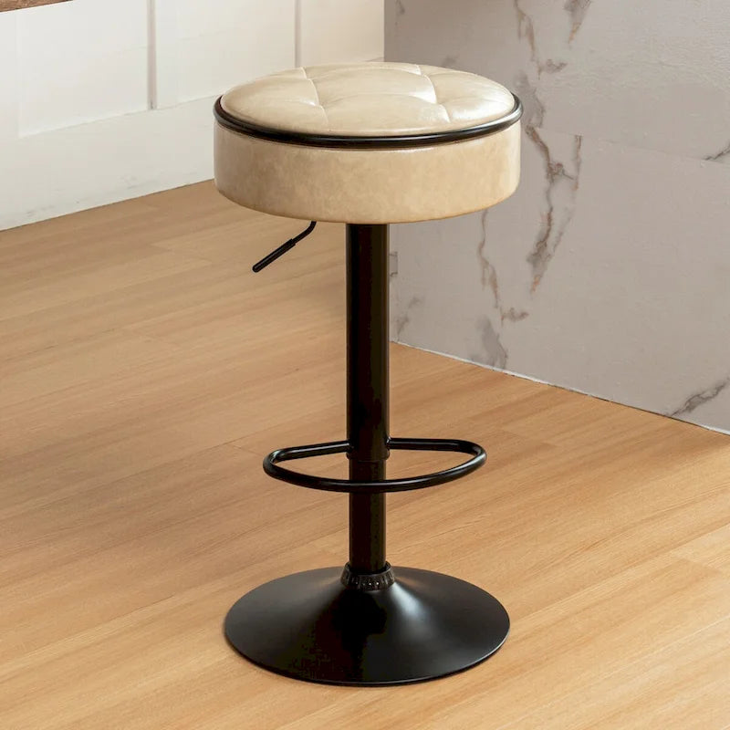Round Storage Bar Stool Set of 2, Faux Leather Height Adjustable Barstool, 360Counter Height Swivel Stool, Armless Bar Chair