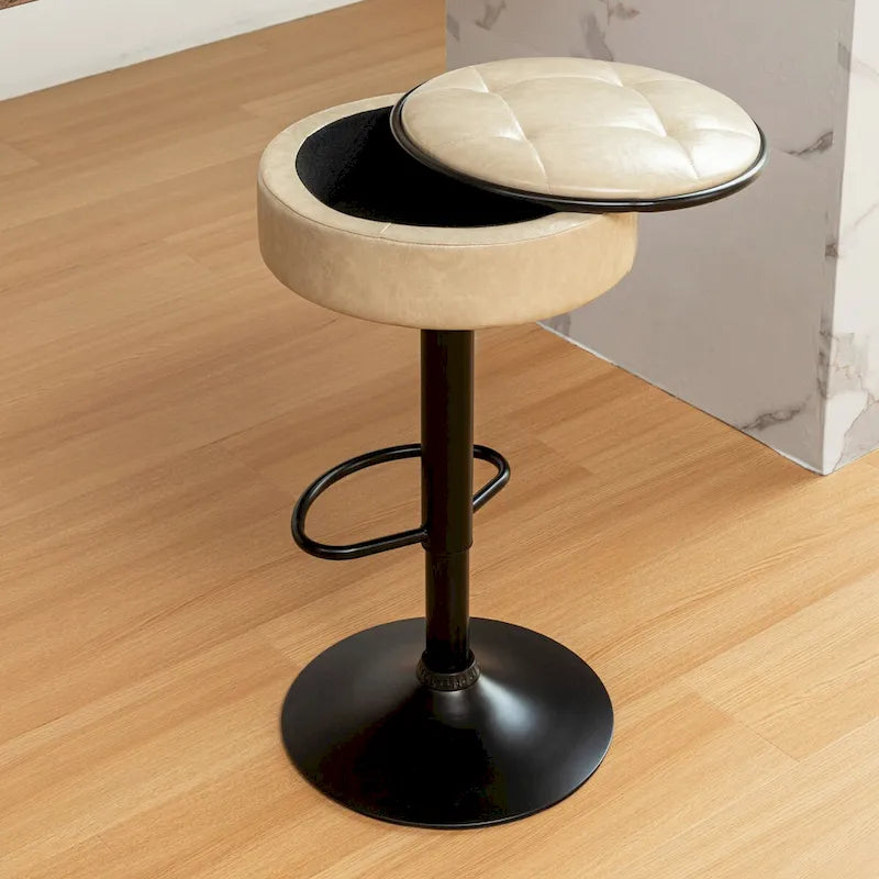 Round Storage Bar Stool Set of 2, Faux Leather Height Adjustable Barstool, 360Counter Height Swivel Stool, Armless Bar Chair