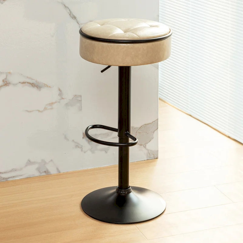 Round Storage Bar Stool Set of 2, Faux Leather Height Adjustable Barstool, 360Counter Height Swivel Stool, Armless Bar Chair