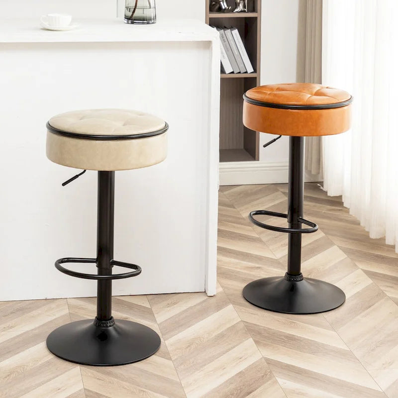 Round Storage Bar Stool Set of 2, Faux Leather Height Adjustable Barstool, 360Counter Height Swivel Stool, Armless Bar Chair