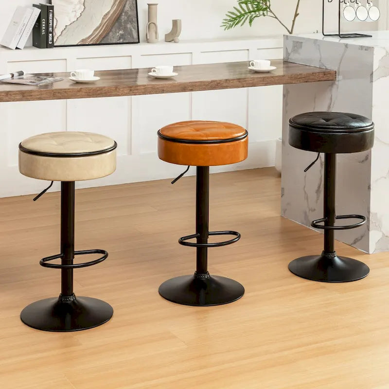 Round Storage Bar Stool Set of 2, Faux Leather Height Adjustable Barstool, 360Counter Height Swivel Stool, Armless Bar Chair