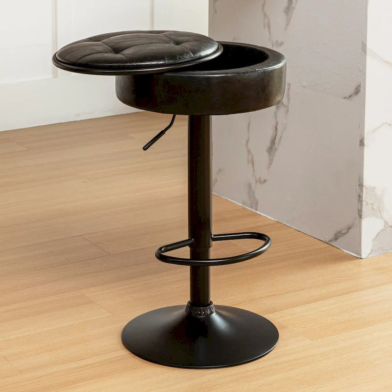 Round Storage Bar Stool Set of 2, Faux Leather Height Adjustable Barstool, 360Counter Height Swivel Stool, Armless Bar Chair