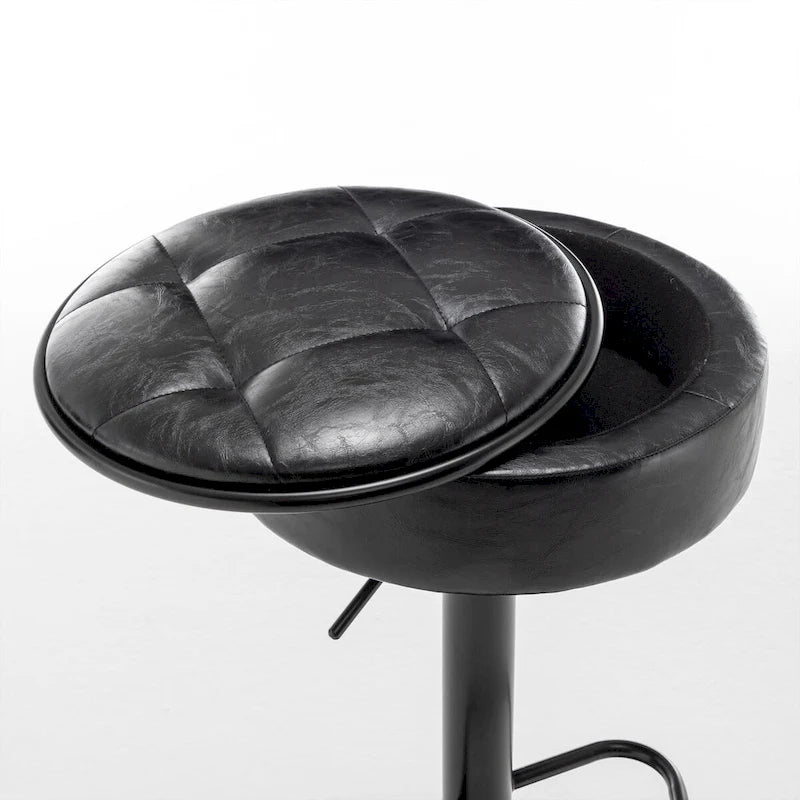 Round Storage Bar Stool Set of 2, Faux Leather Height Adjustable Barstool, 360Counter Height Swivel Stool, Armless Bar Chair