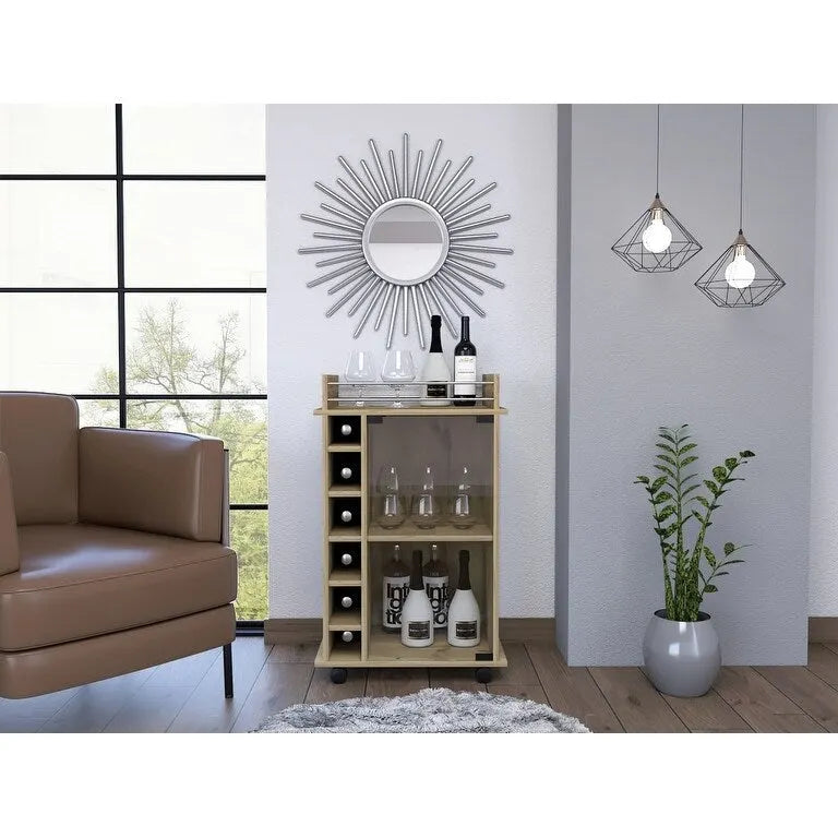 Bar Cart Baltimore, Two Tier Cabinet With Glass Door, Six Wine Cubbies, Light Oak Finish for Kitchen, Party and Living Room