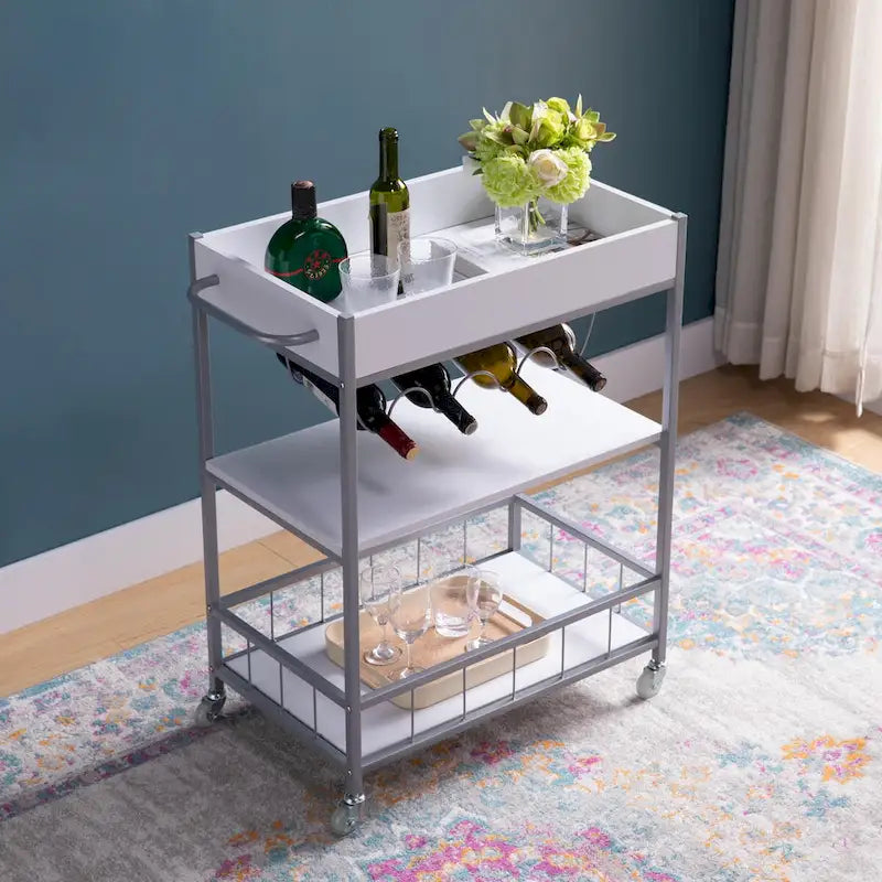Rolling Kitchen Cart with Three Tier Storage and Four Wine Bottle Rack