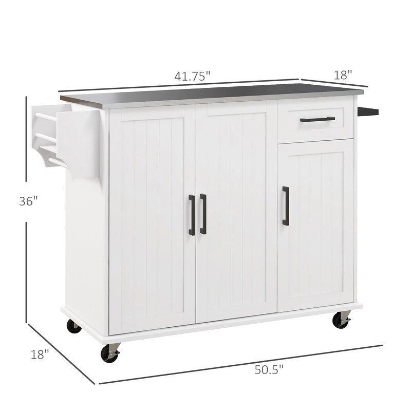 50.5Kitchen Island Rolling Kitchen Cart on Wheels with Drawer,3 Cabinets,Stainless Steel Countertop,Spice Rack and Towel Rack