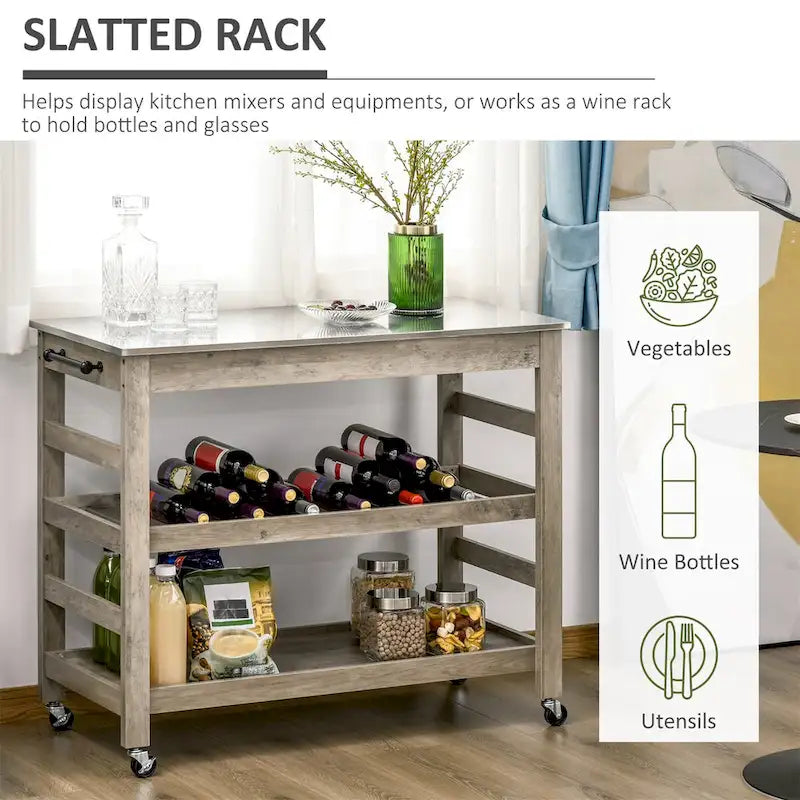 Rolling Kitchen Cart with Stainless Steel Countertop