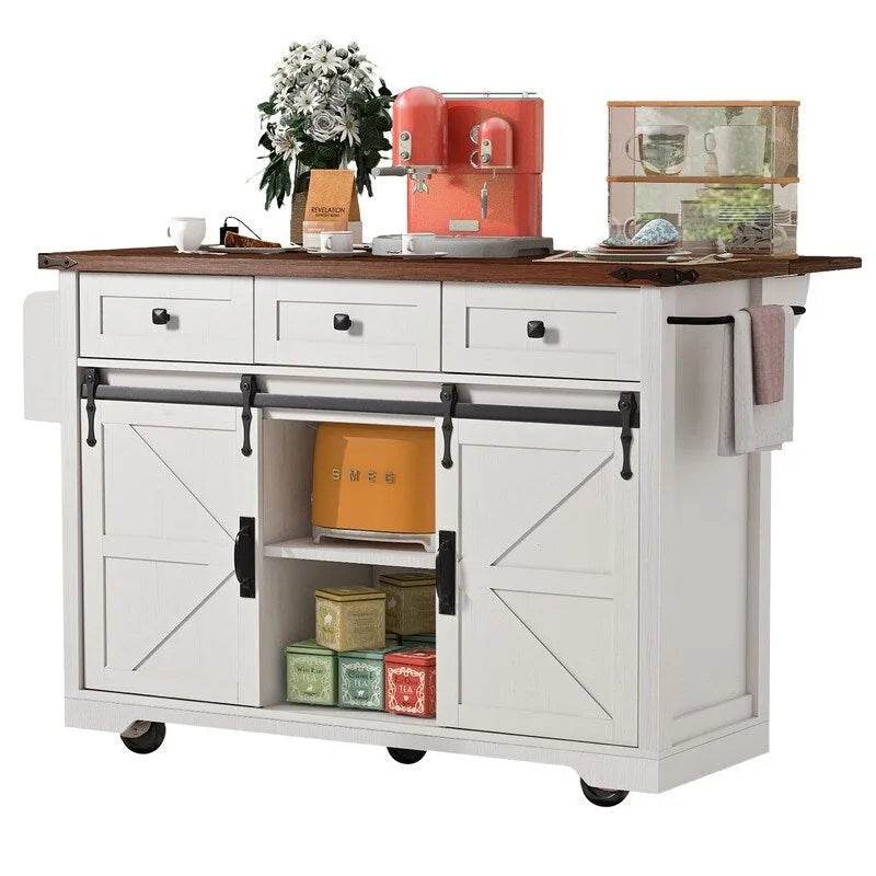 Farmhouse Kitchen Island with Power Outlet, Rolling Kitchen Cart with Drop Leaf