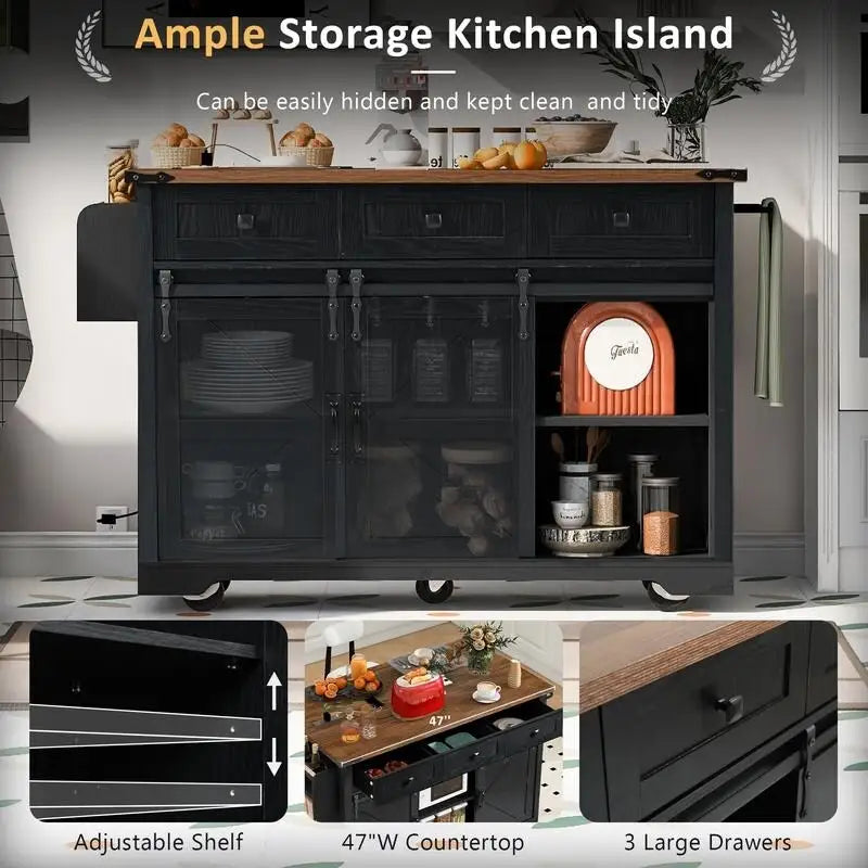 Farmhouse Kitchen Island with Power Outlet, Rolling Kitchen Cart with Drop Leaf