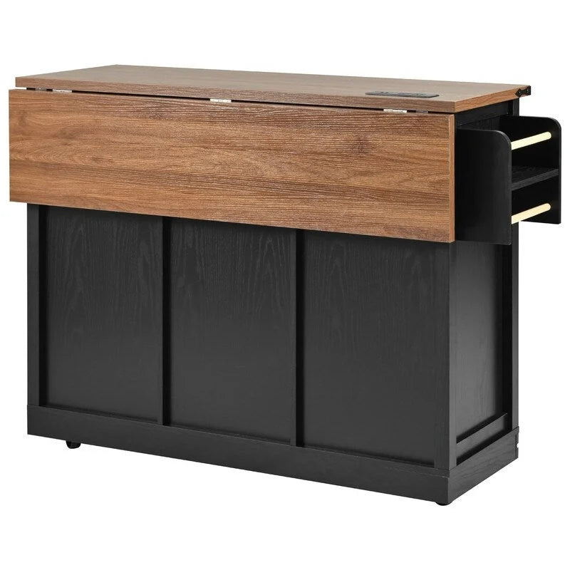 Farmhouse Kitchen Island with Power Outlet, Rolling Kitchen Cart with Drop Leaf