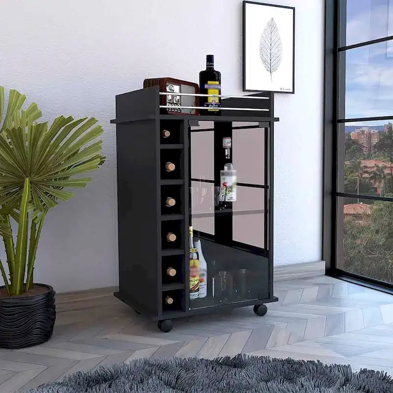 Bar Cart Baltimore, Two Tier Cabinet With Glass Door, Six Wine Cubbies, Black Wengue Finish for Kitchen, Party and Living Room