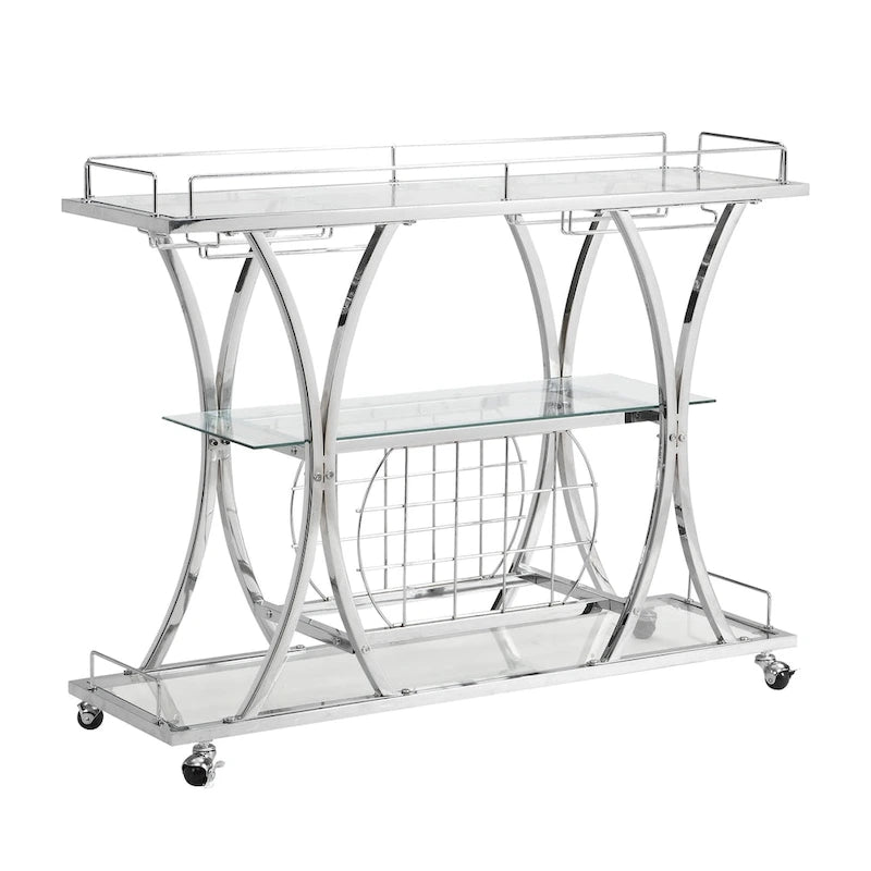 Contemporary Chrome Bar Cart with Wine Rack Silver Modern Glass Metal Frame Wine Storage