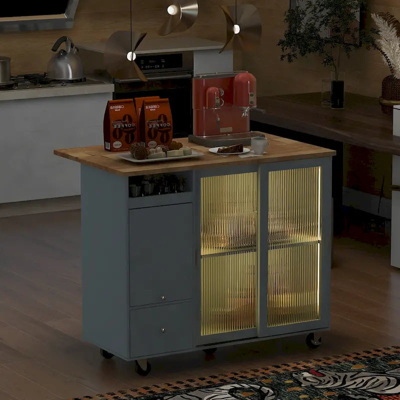 Kitchen Island Cart with Drop Leaf, LED Light, Fluted Glass Doors, Adjustable Shelf, and 2 Drawers