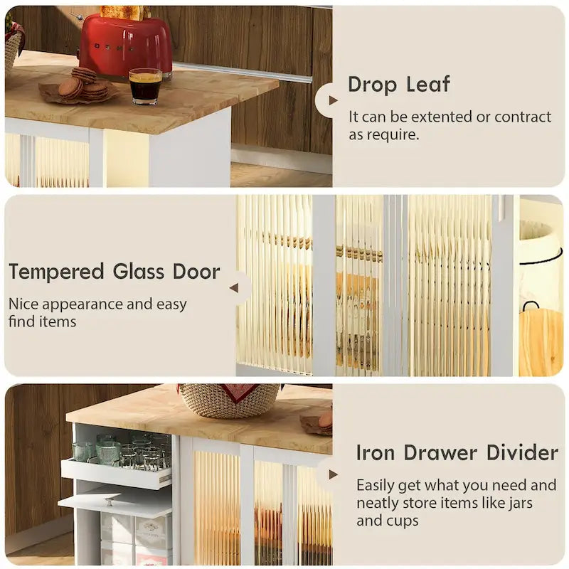 Kitchen Island Cart with Drop Leaf, LED Light, Fluted Glass Doors, Adjustable Shelf, and 2 Drawers