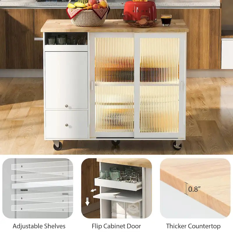 Kitchen Island Cart with Drop Leaf, LED Light, Fluted Glass Doors, Adjustable Shelf, and 2 Drawers
