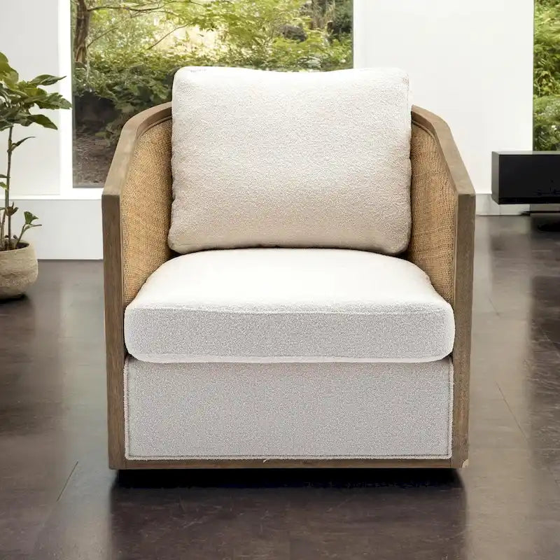 Swivel Barrel Chair with Rattan Design, Leather Accent Sofa Chair, Club Chair with Pillow, Leisure Arm Chair for Living Room