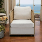 Swivel Barrel Chair with Rattan Design, Leather Accent Sofa Chair, Club Chair with Pillow, Leisure Arm Chair for Living Room