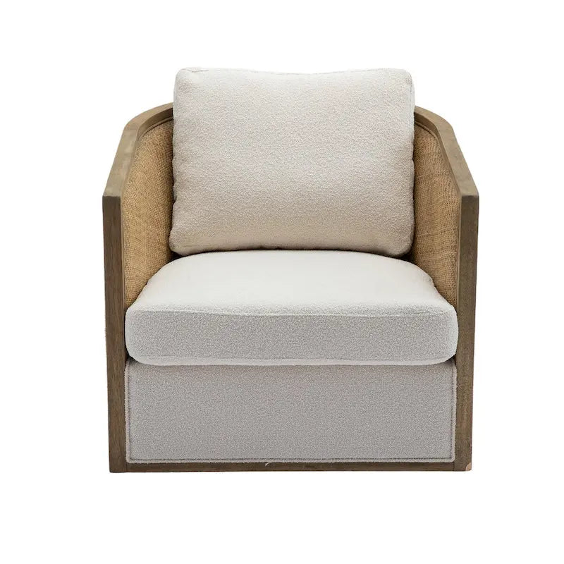 Swivel Barrel Chair with Rattan Design, Leather Accent Sofa Chair, Club Chair with Pillow, Leisure Arm Chair for Living Room