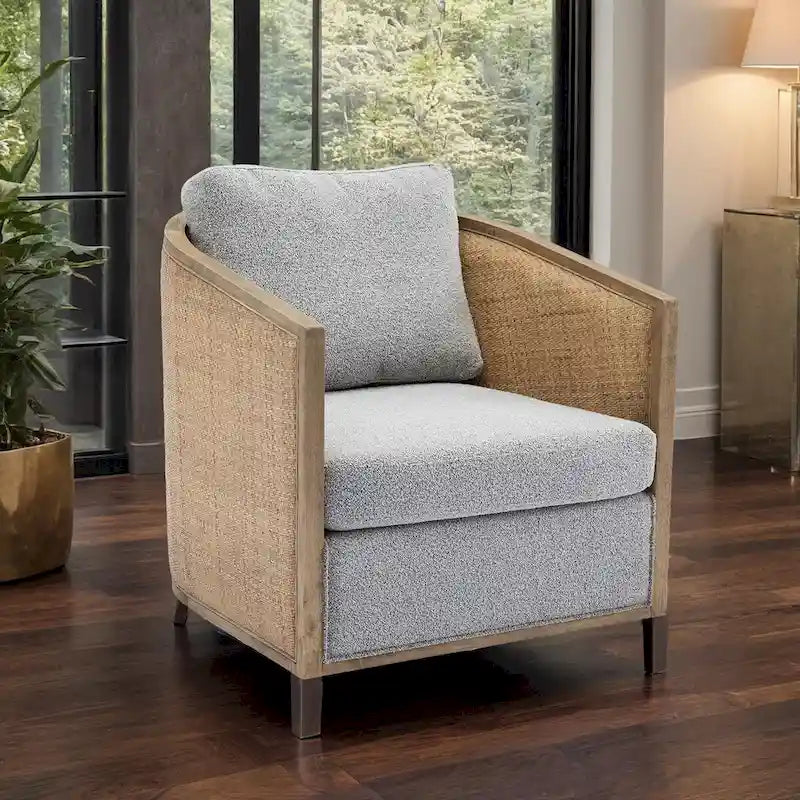 Swivel Barrel Chair with Rattan Design, Leather Accent Sofa Chair, Club Chair with Pillow, Leisure Arm Chair for Living Room