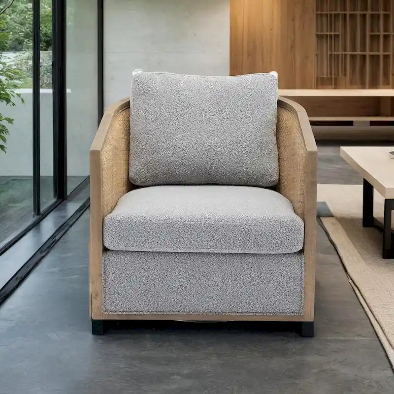 Swivel Barrel Chair with Rattan Design, Leather Accent Sofa Chair, Club Chair with Pillow, Leisure Arm Chair for Living Room