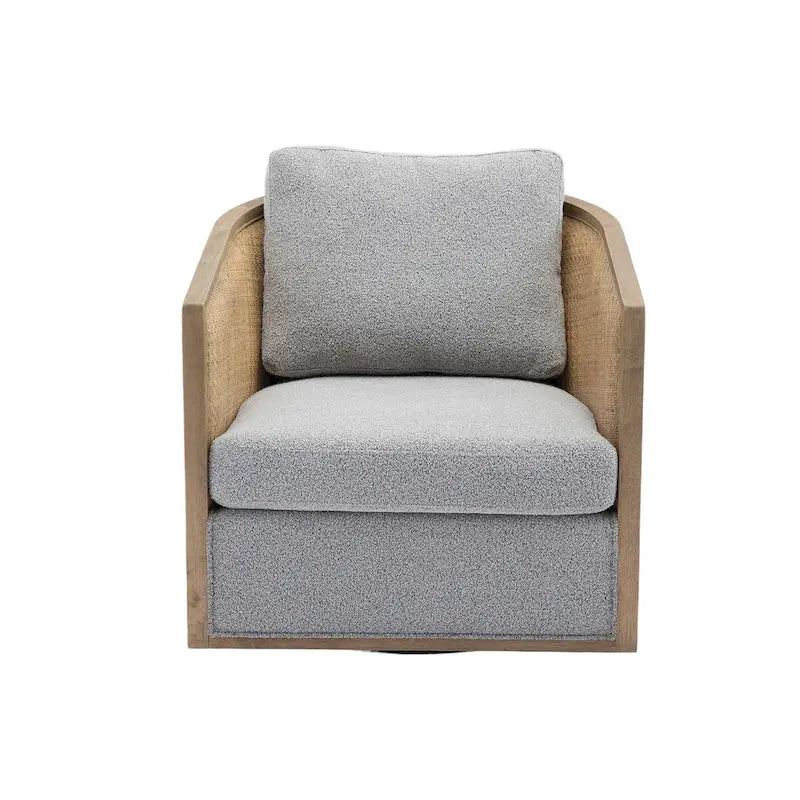 Swivel Barrel Chair with Rattan Design, Leather Accent Sofa Chair, Club Chair with Pillow, Leisure Arm Chair for Living Room