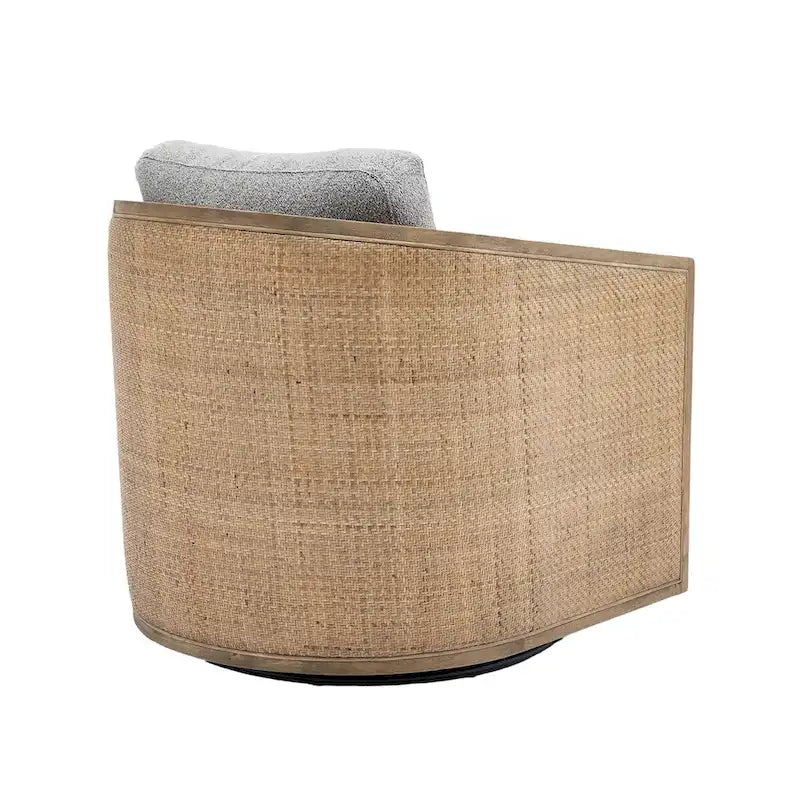 Swivel Barrel Chair with Rattan Design, Leather Accent Sofa Chair, Club Chair with Pillow, Leisure Arm Chair for Living Room