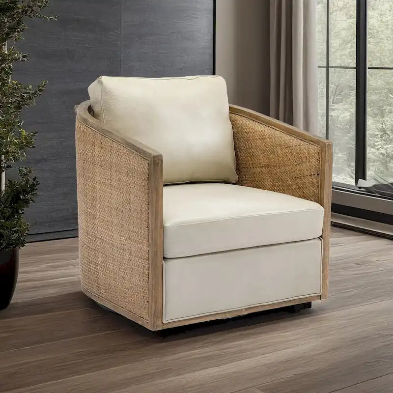 Swivel Barrel Chair with Rattan Design, Leather Accent Sofa Chair, Club Chair with Pillow, Leisure Arm Chair for Living Room