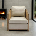 Swivel Barrel Chair with Rattan Design, Leather Accent Sofa Chair, Club Chair with Pillow, Leisure Arm Chair for Living Room