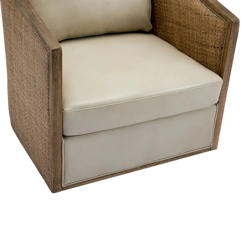 Swivel Barrel Chair with Rattan Design, Leather Accent Sofa Chair, Club Chair with Pillow, Leisure Arm Chair for Living Room